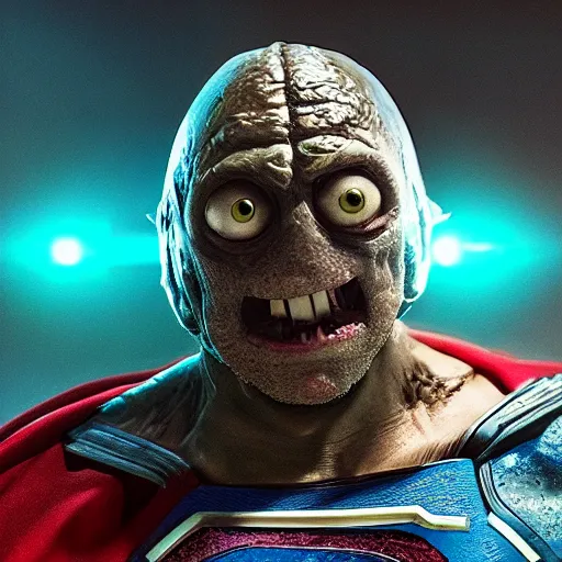 Image similar to pickle rick as superman! in gears of war, splash art, movie still, detailed face, photorealistic facial features, cinematic lighting, dramatic, octane render, long lens, shallow depth of field, bokeh, anamorphic lens flare, 8 k, hyper detailed, 3 5 mm film grain