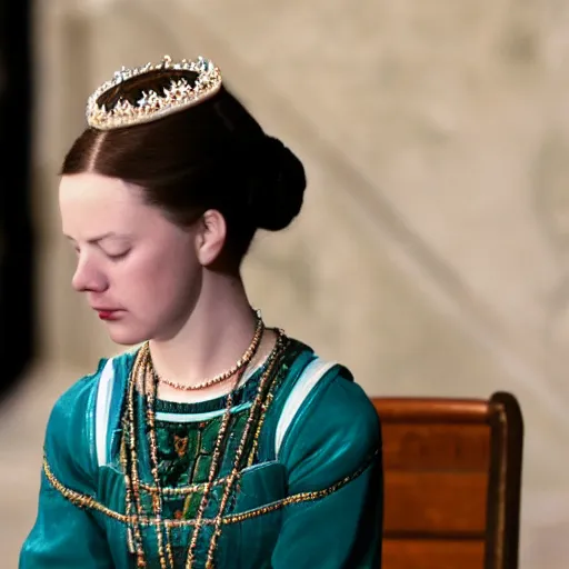 Prompt: portrait photograph of anne boleyn praying shallow dof