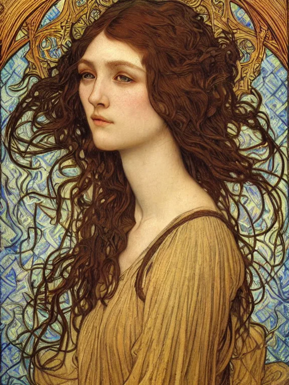 Image similar to detailed realistic beautiful young medieval queen face portrait by jean delville, alphonse mucha, vincent van gogh, and marco mazzoni, art nouveau, symbolist, visionary, gothic, pre - raphaelite