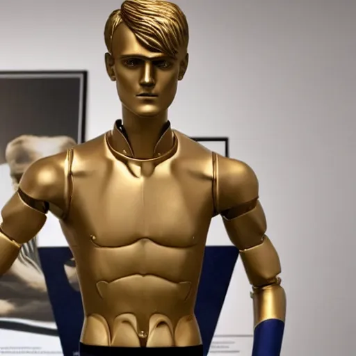 Image similar to a realistic detailed photo of a guy who is an attractive humanoid who is half robot and half humanoid, who is a male android, soccer player martin ødegaard, shiny skin, posing like a statue, blank stare, in a living room, on display, showing off his muscles, gold soccer shorts