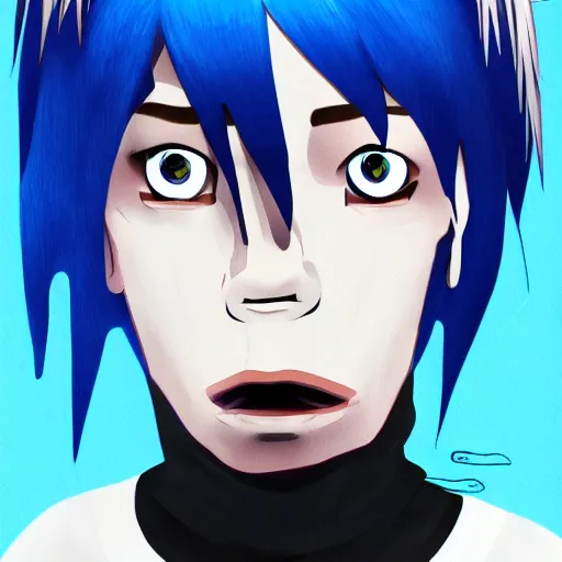 Image similar to 2 d from gorillaz, portrait, messy blue hair, illustration, digital art