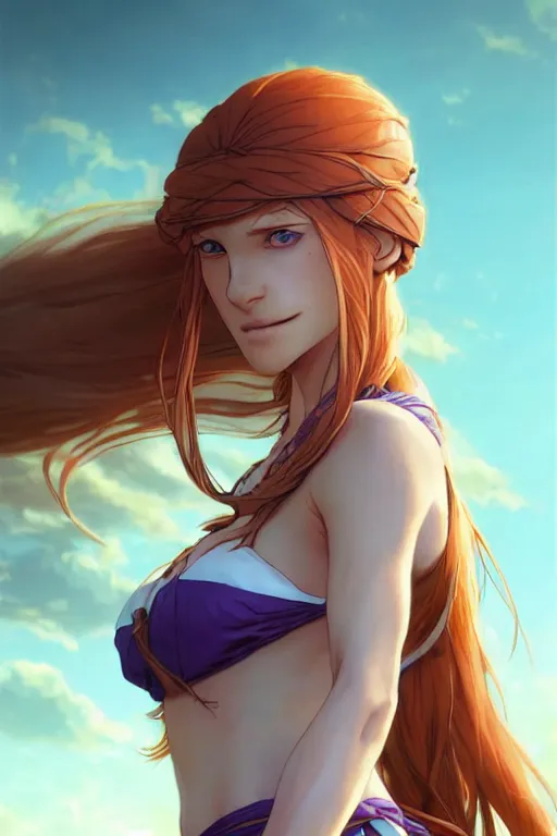 Image similar to long ginger hair, tanned woman in a prehistoric outfit, green eyes, by artgerm, hair tied in a ponytail, white backdrop, soft lighting, blue and purple colors, by greg rutkowski makoto shinkai takashi takeuchi