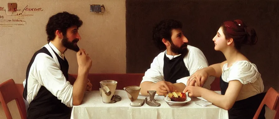Image similar to couple at a diner, happy, chatting, art by william Adolphe Bouguereau, extremely detailed, award winning, artstation