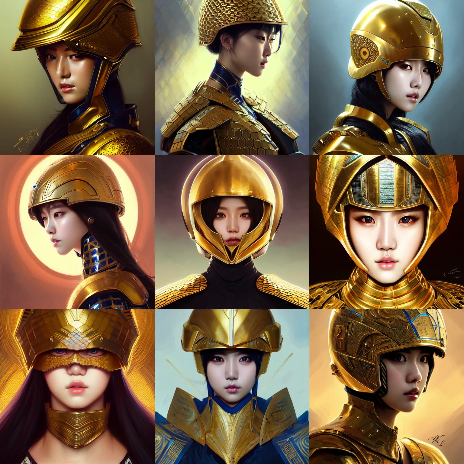 Prompt: Portrait of k-pop girl, blue eyes, gold hex tile armor plates helmet, face, dark fantasy, intricate, elegant, highly detailed, digital painting, artstation, concept art, smooth, sharp focus, illustration, art by artgerm and greg rutkowski and alphonse mucha