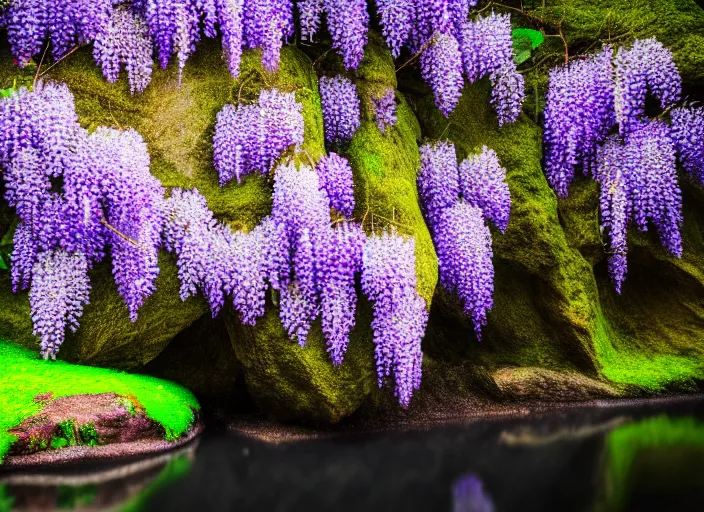 Image similar to a small wisteria tree on an island in a river in an underground cave. fantasy magic style. highly detailed 8 k. intricate. lifelike. soft light. sony a 7 r iv 5 5 mm. cinematic post - processing