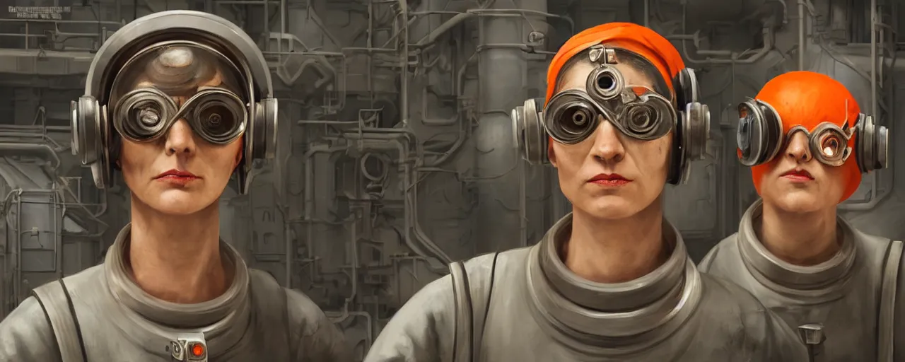 Image similar to character concept art 3 / 4 portrait of tattooed stoic heroic emotionless butch blonde woman engineer with short slicked - back hair, wearing dark victorian goggles, wearing orange bandana around neck, working inside reactor room, awkward and uncomfortable and anxious, dirty, ron cobb. industrial space program, scifi, hyper detailed. octane render. trending on artstation