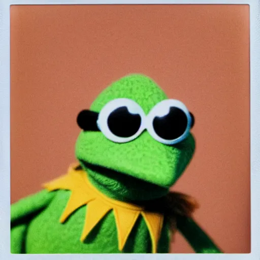 Image similar to Kermit the frog as jedi, polaroid photo, instax, white frame, by Warhol,