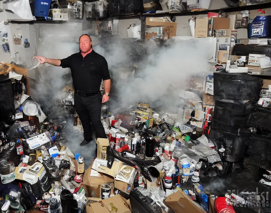 Image similar to Alex Jones in his garage office INFOWARS studio fighting a group of SWAT police, surrounded by boxes of herbal supplements and trash, tear gas and smoke, detailed photograph high quality