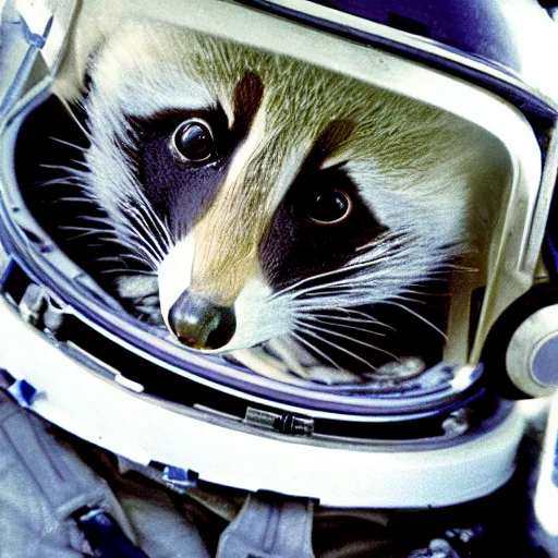 Prompt: the first racoon in space, historic picture, 8k, future, space suit