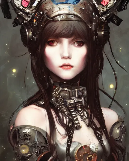 Image similar to portrait of cute beautiful young gothic maiden, cyberpunk, Warhammer, highly detailed, artstation, illustration, art by Gustav Klimt and Range Murata