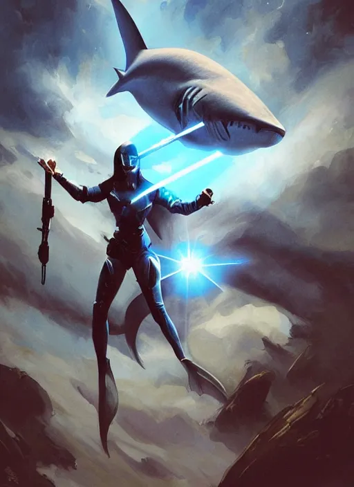 Image similar to blue thresher shark wearing plate armor, no helmet, shark holding a lightsaber, fantasy, wonderful masterpiece highly detailed, scifi, beautiful cinematic light deep focus, elegant, digital painting, smooth, sharp focus, golden ratio, dramatic illumination, ultra realistic, 8 k, art by ilya kuvshinov, artgerm, alphonse mucha, and greg rutkowski