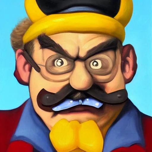 Image similar to wario from the mario series wearing a 3 piece suit and smoking a cigar ( oil painted, greatly illustrated, a portrait, high detailed, great quality painting )