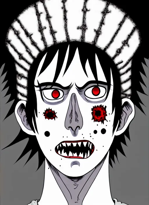 Image similar to junji ito style portrait of zombie teenage jughead jones wearing a light grey crown, zombie, crown, rotting skin, blind eyes, white eyes, crown, black hair, intricate, highly detailed, illustration, art by junji ito