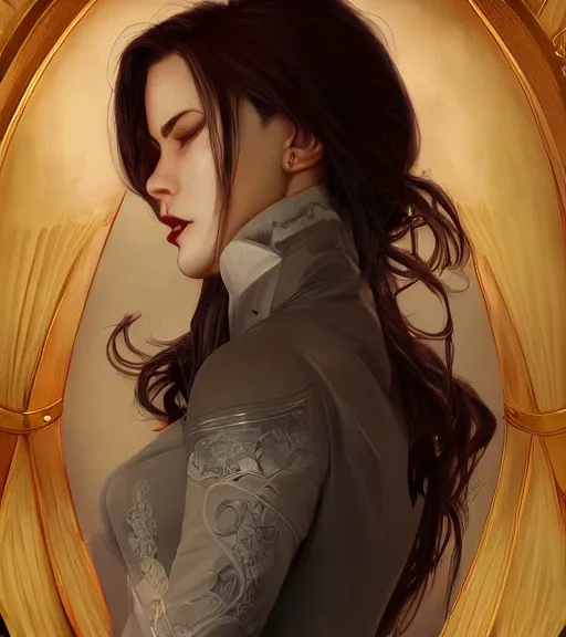 Image similar to a girl vampire wearing a golden dress, grey hair, red necktie, cinematic, stunning, highly detailed, digital painting, artstation, smooth, hard focus, full body shot, illustration, art by artgerm and greg rutkowski and alphonse mucha
