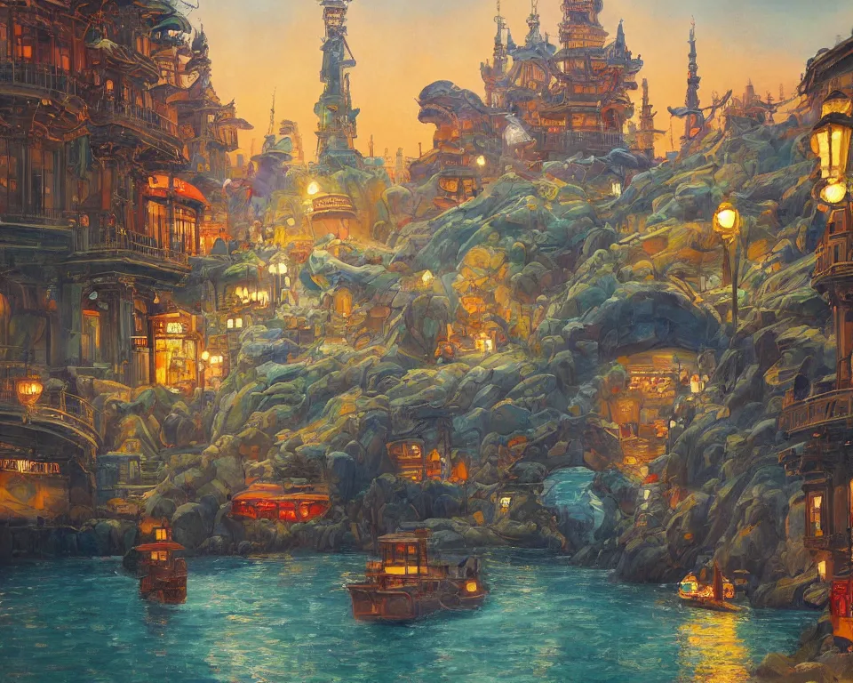 Prompt: an achingly beautiful oil painting of Tokyo DisneySea by Raphael and Hopper.