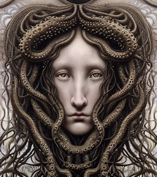 Prompt: detailed realistic beautiful kraken goddess face portrait by jean delville, gustave dore, iris van herpen and marco mazzoni, art forms of nature by ernst haeckel, art nouveau, symbolist, visionary, gothic, neo - gothic, pre - raphaelite, fractal lace, intricate alien botanicals, ai biodiversity, surreality, hyperdetailed ultrasharp octane render