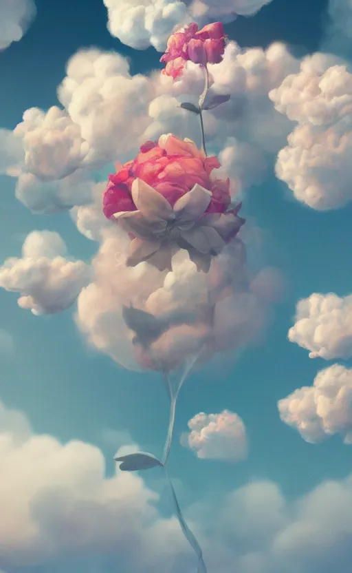 Image similar to flowers as clouds, soft render, volumetric lighting, 3d grainy surreal aesthetic illustration, editorial magazine cover