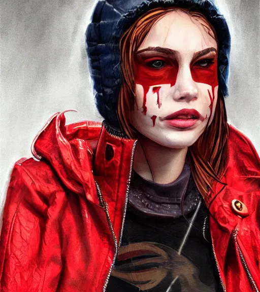 Image similar to a girl wearing a red jacket, punk mask, highly detailed, digital painting, artstation, concept art, smooth, sharp focus, illustration