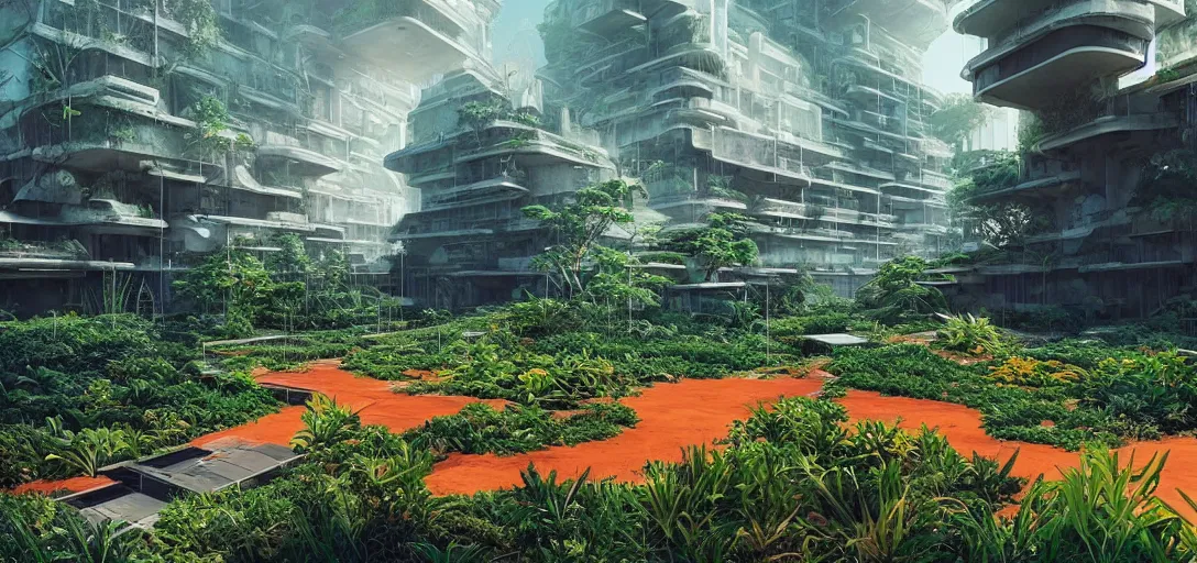 Prompt: a futuristic abandonded biome, gardens and orange brutalist buildings with plants growing on top sci - fi, digital art by beeple