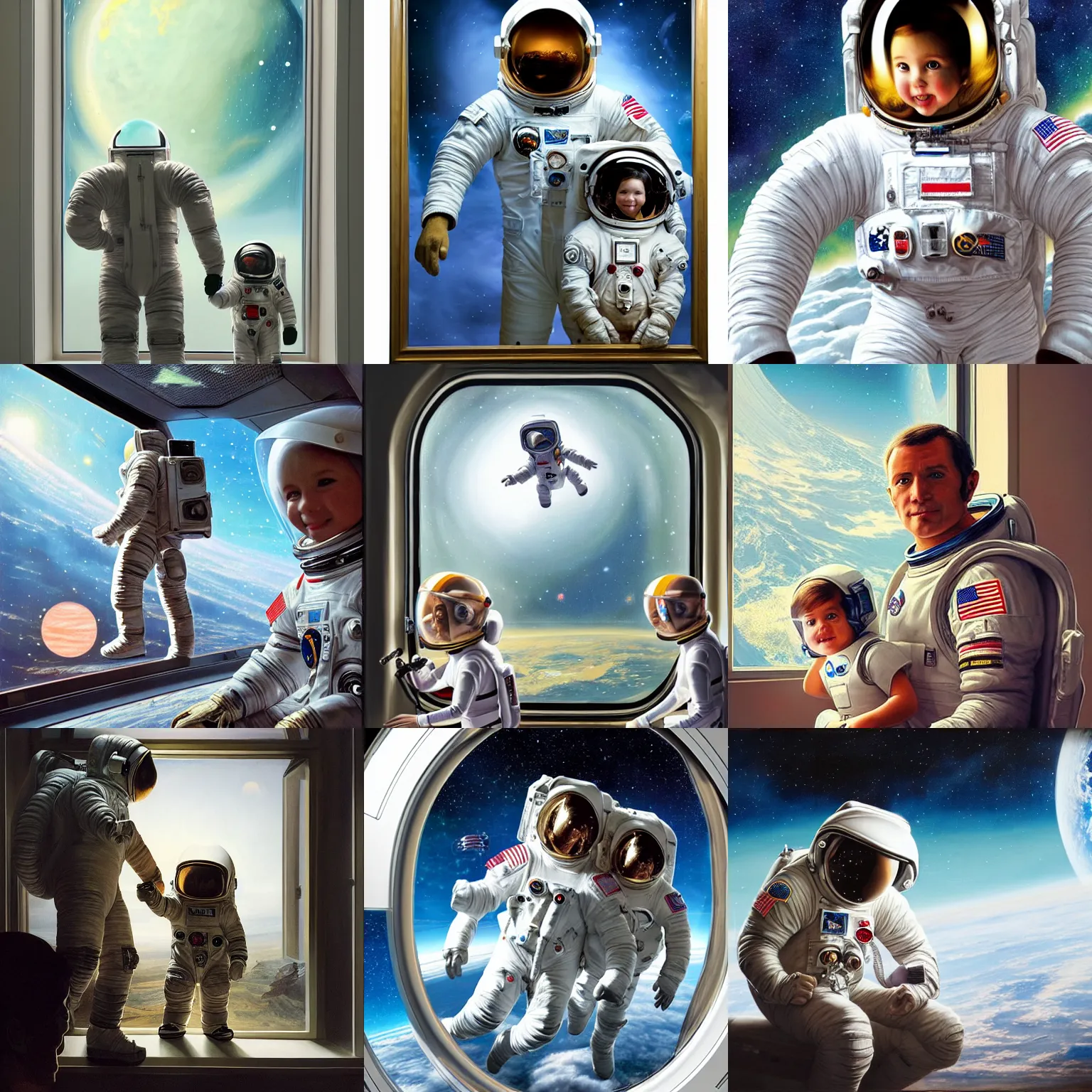 Prompt: a fully suited father astronaut with his fully suited toddler daughter, astronaut helmets, space station, earth on the window, deep focus, fantasy, intricate, elegant, highly detailed, painting by jacques - louis david, detailed art, artstation