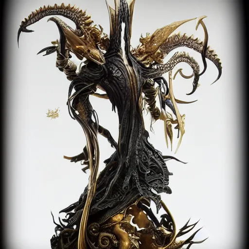 Image similar to angelarium, illithid, cthulhu, white with gold accents, sculpture by ellen jewett, black background