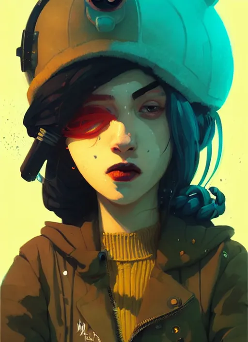 Image similar to highly detailed portrait of a moody sewerpunk young adult muppet lady by atey ghailan, by greg rutkowski, by greg, tocchini, by james gilleard, by joe fenton, by kaethe butcher, gradient yellow, black, brown and cyan color scheme, grunge aesthetic!!! ( ( graffiti tag city background ) )