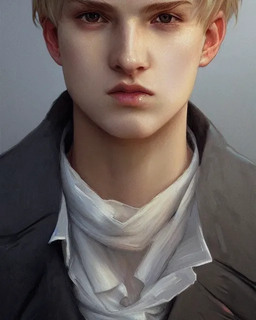 Image similar to portrait of 1 5 - year - old boy, with slender, white - blond hair, cold grey eyes, a pale complexion with sharp and pointed features, highly detailed, digital painting, artstation, concept art, smooth, sharp focus, illustration, art by artgerm and greg rutkowski and alphonse mucha