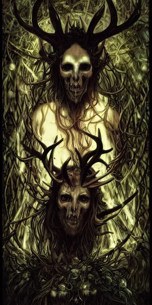 Prompt: intense glowing black metal pagan god with antlers and fangs and intense glowing eyes with a goat skull in very dark forest by marco mazzoni and alphonse mucha, portrait, fantasy, clear, light beams, lens flare, intense, uhd, amazing depth, cinematic lighting