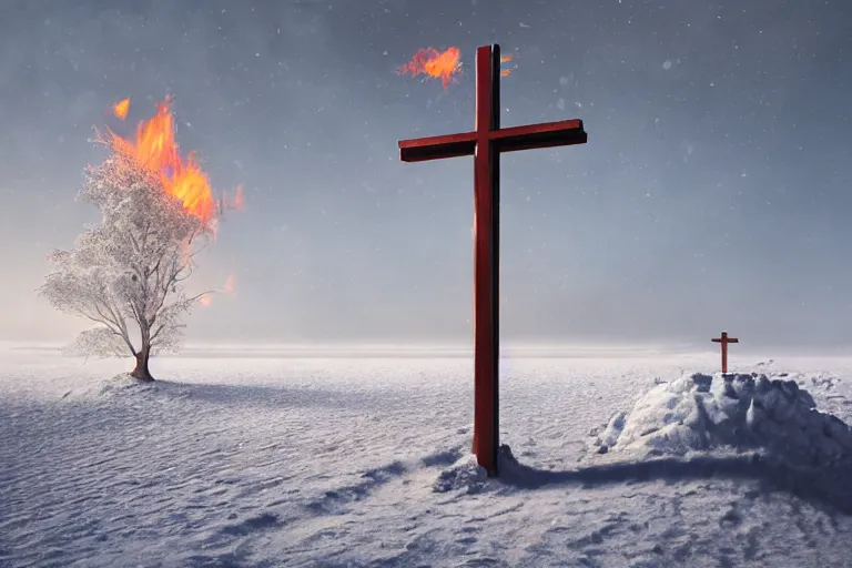 Image similar to a cross set on fire on a snow covered field, painting by pascal blanche, a matte painting by li shida, cgsociety, context art, redshift, matte painting, reimagined by industrial light and magic