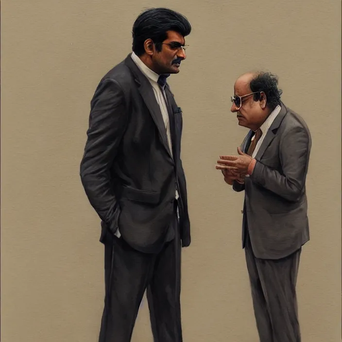 Image similar to portrait of tall indian man in a suit arguing with danny devito outside a bar, elegant, real life skin, intricate artwork, high detailed, artstation, concept art, smooth, sharp focus, art by artgerm and greg rutkowski