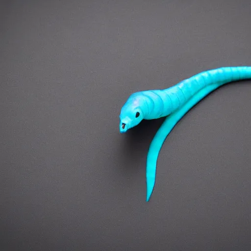 Image similar to studio photograph of a matte dark gray worm with a neon blue head and tail