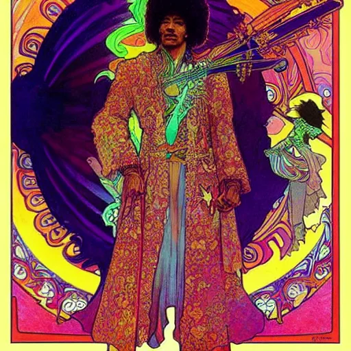 Image similar to “colorfull artwork by Franklin Booth and Alphonse Mucha and Moebius showing a portrait of Jimi Hendrix as a futuristic space shaman”