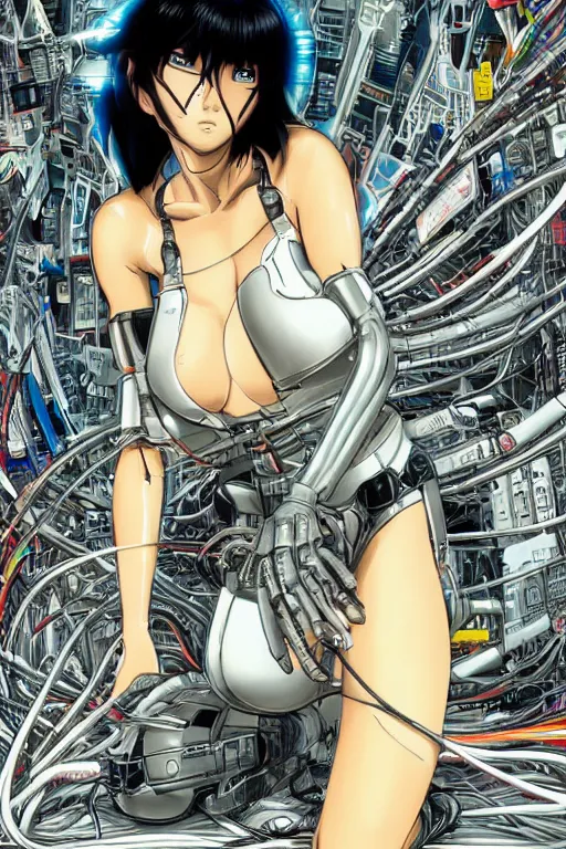 Image similar to ultra coherent motoko kusanagi kneeling on a white in style of masamune shirow, empty floor, with a mess of wires and cables coming out of her head and backside, by Yukito Kishiro and katsuhiro otomo, illustration, cyberpunk, hyper-detailed, colorful, complex, intricate, masterpiece, epic