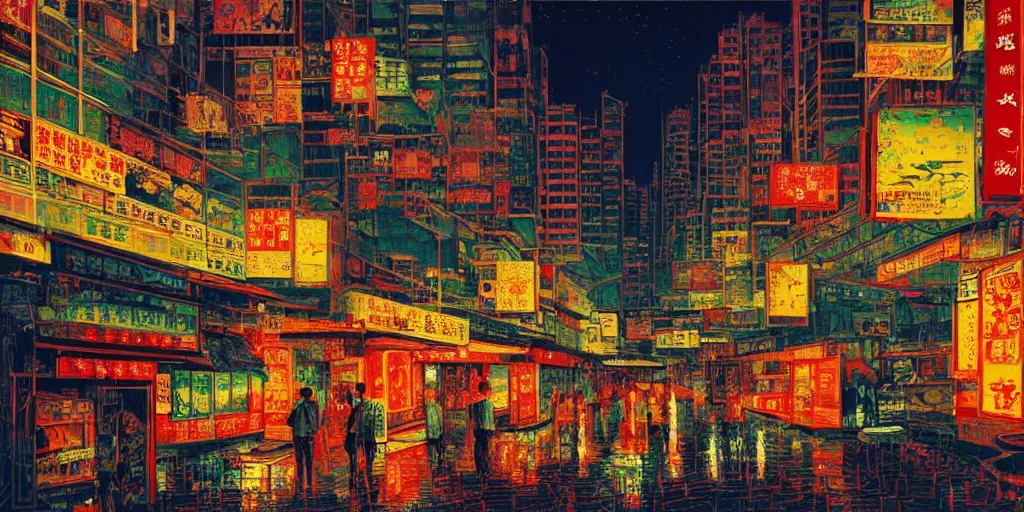 Image similar to artwork of a hong kong street, by dan mumford and peter doig, highly detailed, dramatic lighting, 8 k