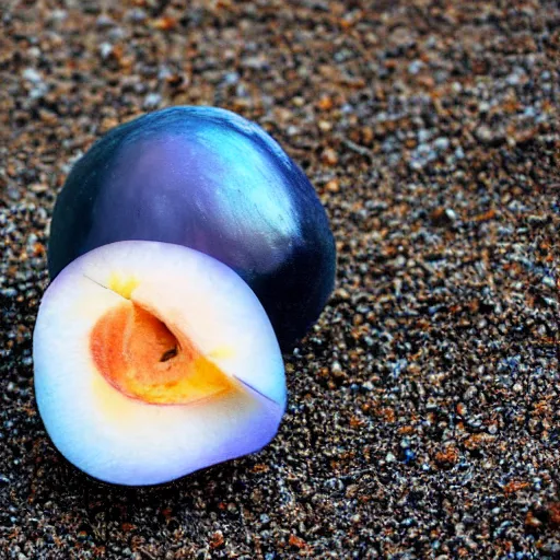 Prompt: A blue pearl instead of a core inside a split peach on the beach in the Caribbean