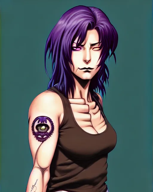 Image similar to a portrait of revy from black lagoon, dilraba dilmurarevy, smirk, black tank top, jean shorts, brown eyes, purple hair, tribal tattoos right arm sleeve, symmetrical eyes, symmetrical face, art by lois van baarle and loish and ross tran and rossdraws and sam yang and artgerm