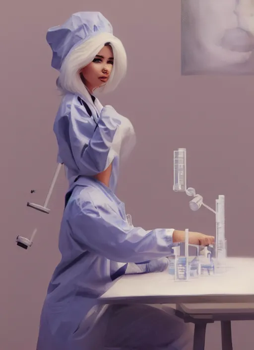 Image similar to demi rose wearing a labcoat in a biology lab, microscope on the table, expressive oil painting, matte art, trending on artstation, sunlit, octane render, brushstrokes, beautiful face portrait, beautiful lighting