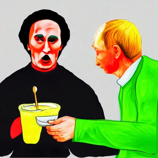 Image similar to a person looking like vladimir putin eating piccolo with sponch bob, digital painting