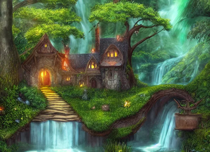 Prompt: A beautiful Elvish house near a waterfall with trees and grass and a bridge, fantasy, detailed, digital painting