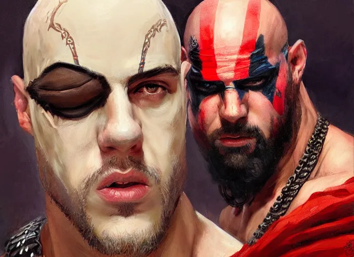 Image similar to a highly detailed beautiful portrait of bad bunny as kratos, by gregory manchess, james gurney, james jean