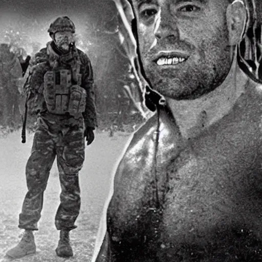 Image similar to an image of joe rogan smoking weed over the fallen enemy soldiers.