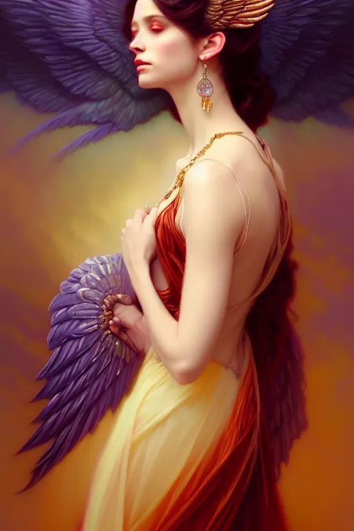 Prompt: beautiful portrait oil painting, ombre velvet gown, beautiful elegant bird woman with wings, portrait, dramatic light on face, long hair, tiara, dozens of jeweled necklaces, by greg rutkowski, brom, anato finnstark, alphonse mucha, oil painting, highly detailed, cinematic lighting, unreal,