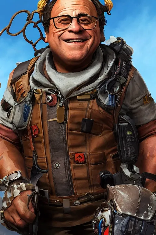 Prompt: danny devito as a character in the game apex legends, with a background based on the game apex legends, detailed face