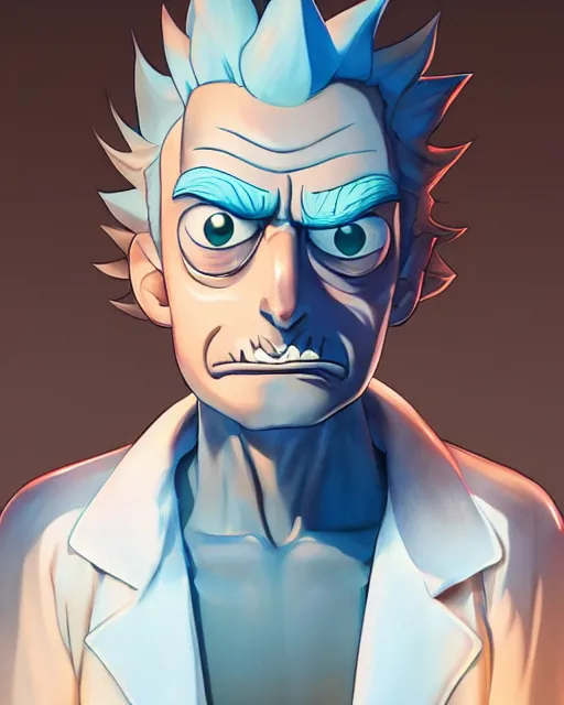 Prompt: rick from rick and morty, medium shot, visible face, detailed, perfectly shaded, perfectly shaded face, atmospheric lighting, by makoto shinkai, stanley artgerm lau, wlop, rossdraws, light blue hair
