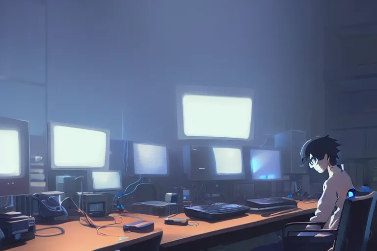 Image similar to a nerdy boy is programming at a computer in a room full of gadgets, by makoto shinkai and ghibli studio, dramatic lighting, highly detailed, incredible quality, trending on artstation