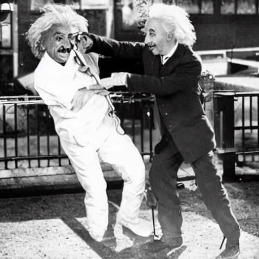 Image similar to albert einstein beating justin bieber with mace