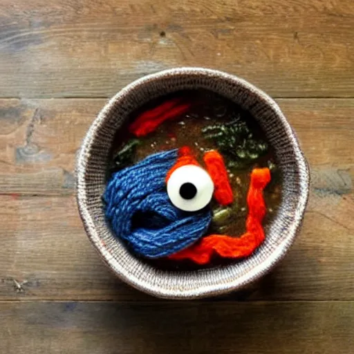 Image similar to a bowl of soup that looks like a monster, all as knitted yarn