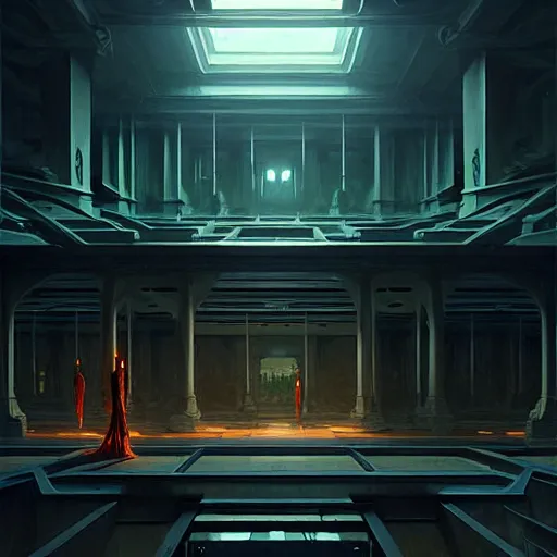 Image similar to professional ominous concept art architecture of a dark room with an indoor pond by artgerm and greg rutkowski. an intricate, elegant, highly detailed digital painting, concept art, smooth, sharp focus, illustration, in the style of simon stalenhag, wayne barlowe, and igor kieryluk.