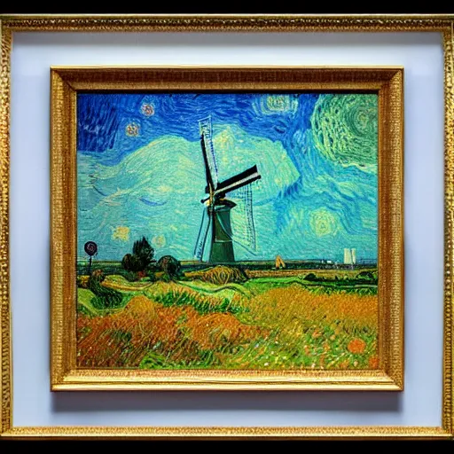 Prompt: the sky is bright and there are windmills on a dutch landscape, it is almost lucid, vivid colors, pointillism, roughly painted, oil on canvas by Van Gogh