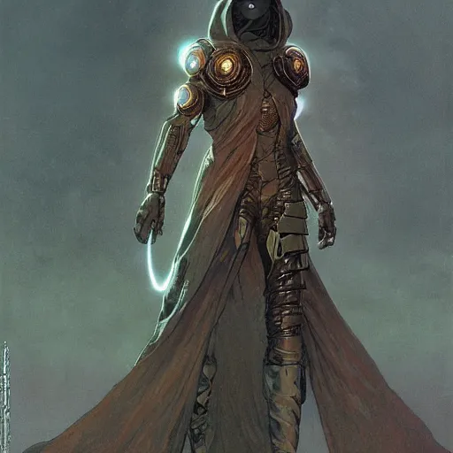 Prompt: impassive black - skinned cyborg clone with bronze eyes, wearing cloak in blasted battlefield, science fiction concept art by greg rutkowski, alphonse mucha, brom, deak ferrand, and beksinski